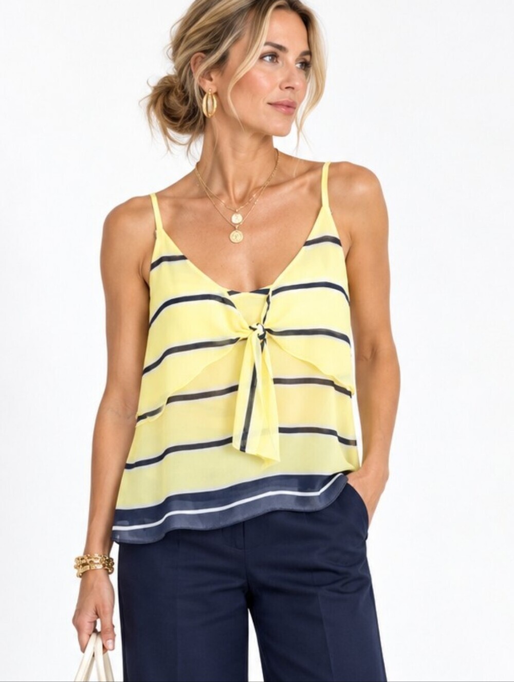 Cabi Cami Yellow Navy Stripe Top Knot Front #5207